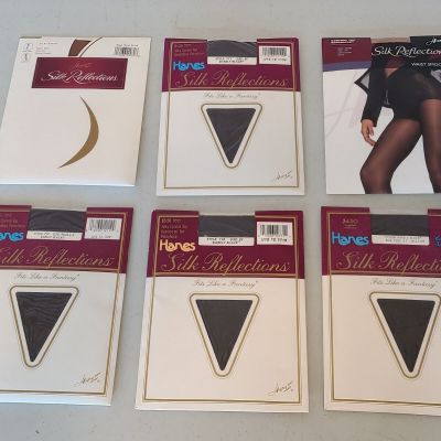 6 Vintage Hanes Silk Reflections Pantyhose Size EF Barely Black There Sandalfoot