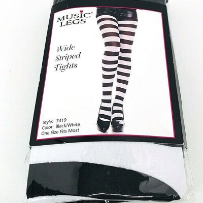 Music Legs Black White Wide Stripe Tights 7419 One Size Fits Most Nylon Footed