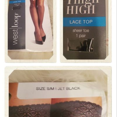 West Loop??JET BLACK Thigh High??Lace Top w/ Smooth Silky Leg??Sheer Toe??Sz-S/M