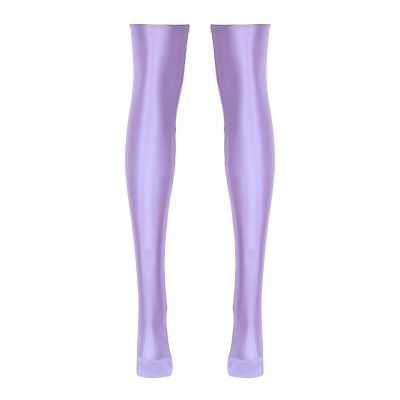 Women Shiny Thigh High Stocking Solid Color Glossy Stay Up Silk Footed Socks