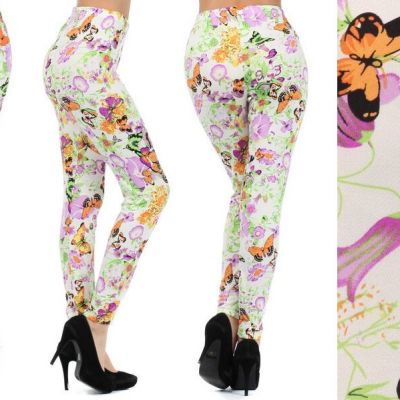 Bright FLORAL CHIC womens Leggings ONE SIZE Fits 6-12 Lilies Butterflies LILAC