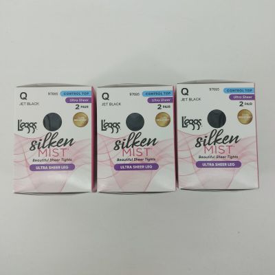 Leggs Jet Black Q Silken Mist Ultra Sheer Legs Control Top 6 Pairs 3 Boxes