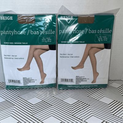 Beige Pantyhose Lot Of 2 Day Sheer Queen Size 160-190 Lbs.  Nylon Reinforced Toe