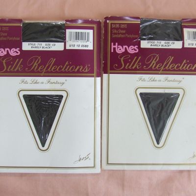 2 Pairs Vintage HANES Silk Reflections Pantyhose Style 715 Size CD Barely Black
