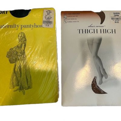 LOT VTG Hampshire Hoisery support pantyhose Sz 4 Plus Caress Thigh High Sz Queen