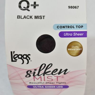 L'eggs Pantyhose Silken Mist Black Mist   Control Top  Size Q+  Run Resistant