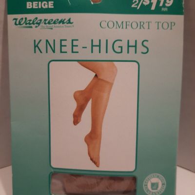 Walgreens Queen Size Comfort Top Knee Highs Sealed One Pair Reinforced Toe Beige