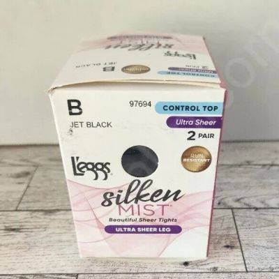 L'eggs Silken Mist Ultra Sheer Tights Control Top Run Resistant Size B Jet Black