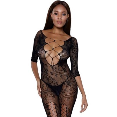 Floral Vine Fishnet Bodystocking Cut Outs Criss Cross Plunge Crotchless 2000