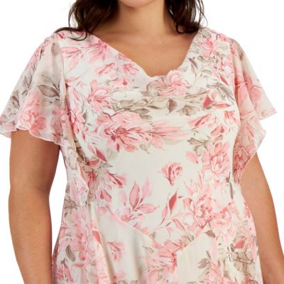 Robbie Bee Plus Size Flutter-Sleeve Handkerchief-Hem Dress - Ivory/Blush 18W