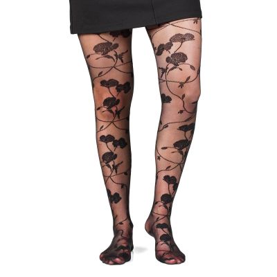 Fil de Jour France Floral Pantyhose Tights, Black Poppy, M/L Made in Italy 20D
