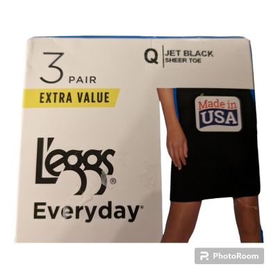 L'eggs Everyday Control Top Support Pantyhose size Q Jet Black 3 pair pack NEW