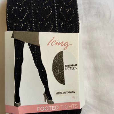 Icing Footed Tights Size M/L Black with Knit Heart Pattern New. C1