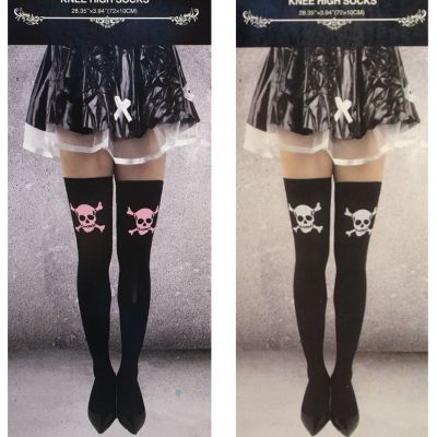 2 PR Sexy Thigh High Stockings Skull Crossbones Pink/White/Bk Cosplay Halloween