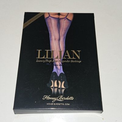 Honey Birdette Lilian Violet Stockings Luxury Thigh High Stay Ups size M new