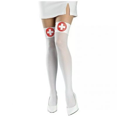 2White Thigh High Nurse Stockings Adult Sexy Hosiery Halloween Costume Accessory