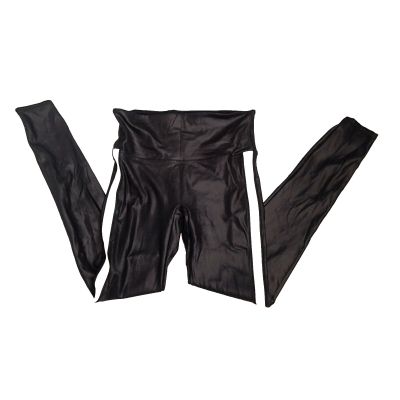 SPANX Black Faux Leather Leggings with White Side Stripe Women’s Sz Medium