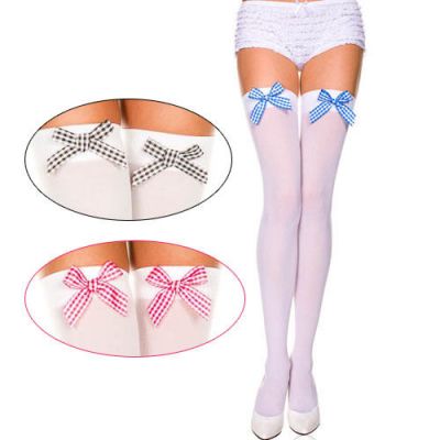 Opaque White Thigh High Stockings Gingham Plaid Bow Dorothy Fairytale Costume US