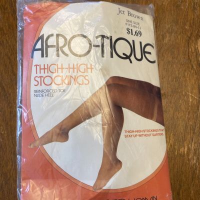 Afro-Tique Stockings Jet Brown Vintage Thigh High Pantyhose Size 8.5-11