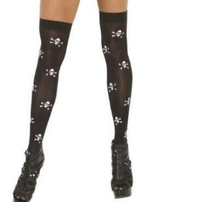 Sexy opaque knee high black w white SKULL AND CROSS BONE design  FREE SHIPPING