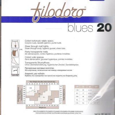 Italian Filodoro Blues 20 Pantyhose/Tights. Sheer Through Body. All Sizes/Colors