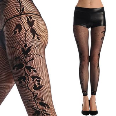 Women’s Black Fishnet Side Seam Floral Vine Stockings Pantyhose Tights Cutout OS