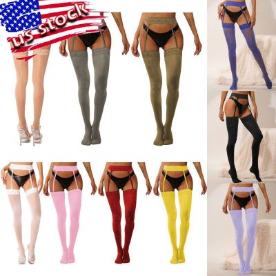 US Women's Glossy Lace Top High Stocking Suspender Tights Pantyhose Underwear