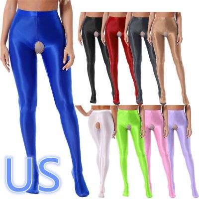 US  Women Glossy Crotchless Shiny Tights High Waist Footed Sports Skinny Pants