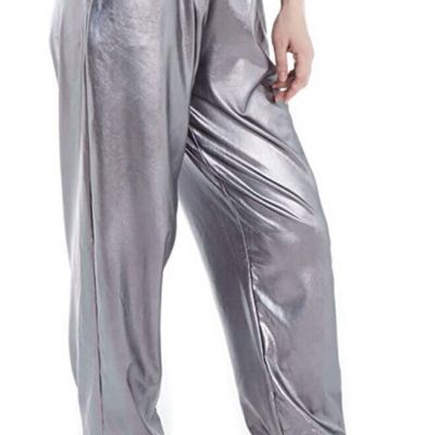 New Women’s Leggings High Waist  Shiny Silver Metallic Pants Size S