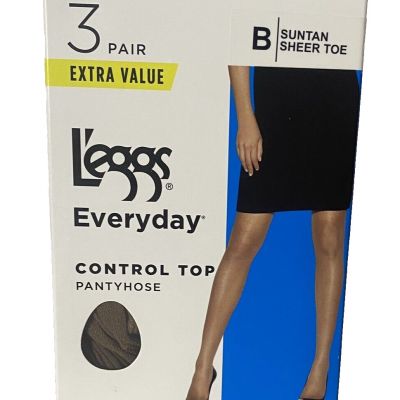 Leggs Everyday Control Top Pantyhose Size B Suntan 3 Pair Sheer Toe