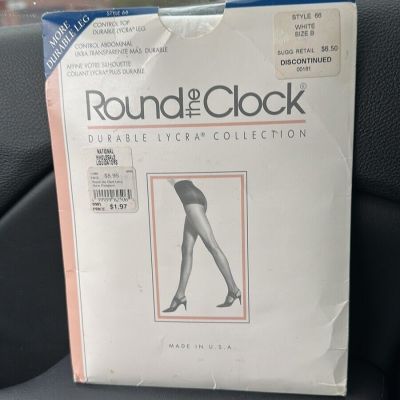Vtg. Round the Clock Style 66 Durable Lycra Collection Pantyhose Size B White