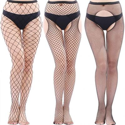 Fairydreamy Womens Black Fishnet Lace High Waist Tights Suspender Pantyhose Stre