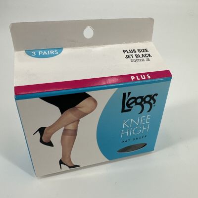 Leggs Knee High Day Sheer Jet Black Pantyhose Plus Size NEW DG0006 3 Pairs