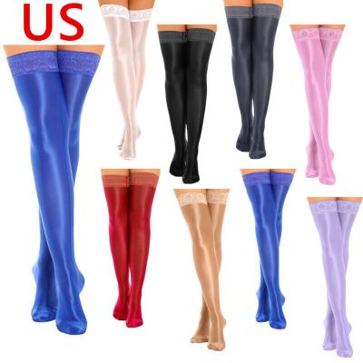 US Womens Oil Glossy Pantyhose Lace Thigh High Stockings Hold Up Solid Hosiery