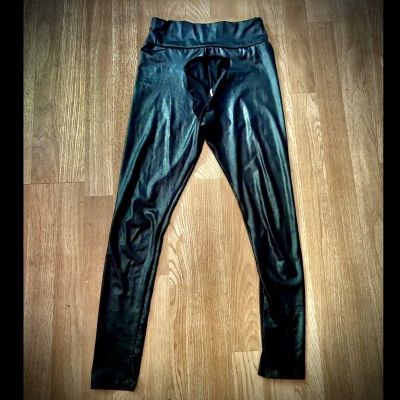 Vantagirl Small Boohoo Leggings Faux Leather Black Open Crotch WetLook PU Shiny