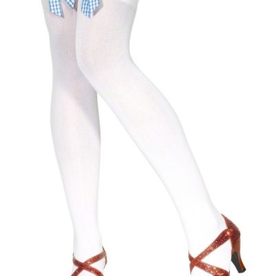 Sexy Smiffy's Opaque White Thigh-High Stockings w Light Blue Gingham Bow