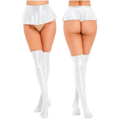 US Sexy Womens Glossy Ruffled Mini Skirt with Thigh High Stockings Set Clubwear