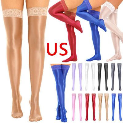 US Women's Hold-up Stockings Shiny Silky Thigh High Stockings See-through  Socks