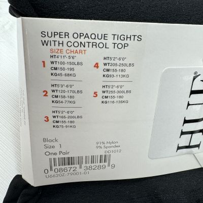 HUE Black Super Opaque Tights w/Control Top Womens Size 1 #U6620Z ~ 1 Pair New