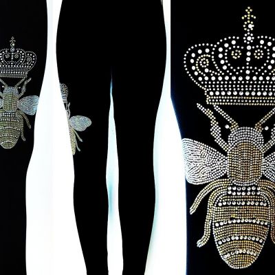 Black Yoga Style Regular One Size Full-Length Leggings Rhinestone Queen Bee