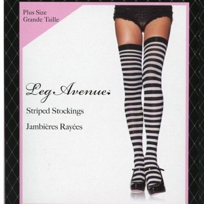 Thigh High Striped Stockings Black/White Women's Plus Size Leg Avenue 6005