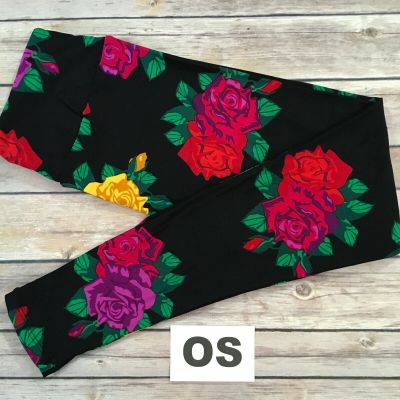 OS LuLaRoe Leggings, BRIGHT COLORED ROSES ON BLACK, One Size, FREE SHIPPING! red