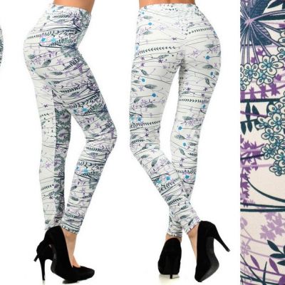 Bright FLORAL CHIC womens Leggings ONE SIZE Fits 6-12 Purple Aqua White Flowers