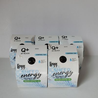 5 Pair Leggs Sheer Energy Control Top Medium Support Pantyhose Size Q+ Jet Black