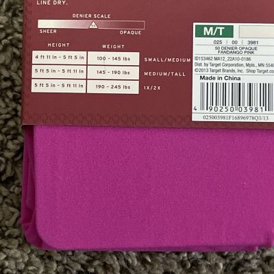 Women's Merona Pink Opaque Tights Size M/T New 1 Pair