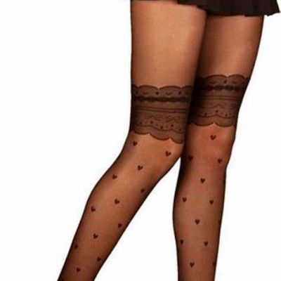 BLACK heart print faux thigh costume dance PANTYHOSE Small Medium Large One size