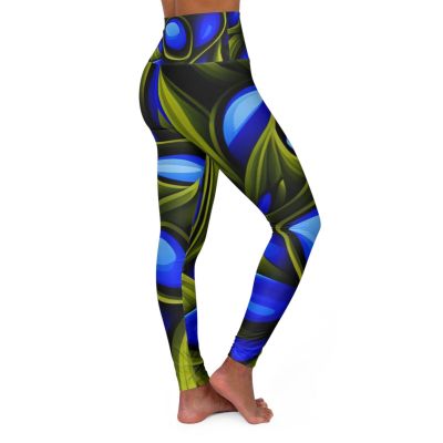 Pretty Blue And Green Print High Waisted Yoga Leggings Workout Pants XS to 2X