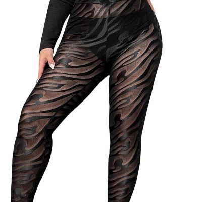 WDIRARA Women's Plus See Through Mesh Zebra Print Skinny Stretch Pants Sexy Legg