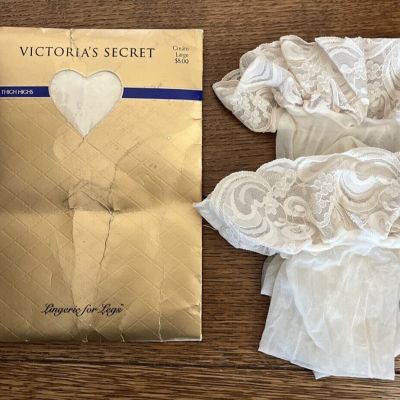 VTG Victoria Secret SHEER LACE TOP Stayups Thigh-High Stockings Cream Large NOS