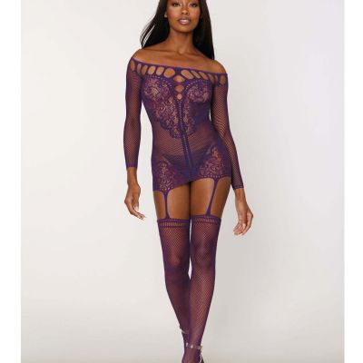Dreamgirl Scalloped Lace and Fishnet Garter Dress w/Attached Stockings Purple